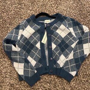 Freshman Blue & White Argyle Cropped Knit Cardigan - Kids